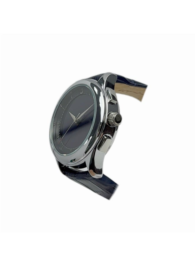 ساعة ذات قرص دائري مزدوج العرض تناظري ورقمي مع حزام جلدي أزرق وقرص أسود ساعة ذات طراز بسيط وعصري WW-22SBL-LS - Image 2